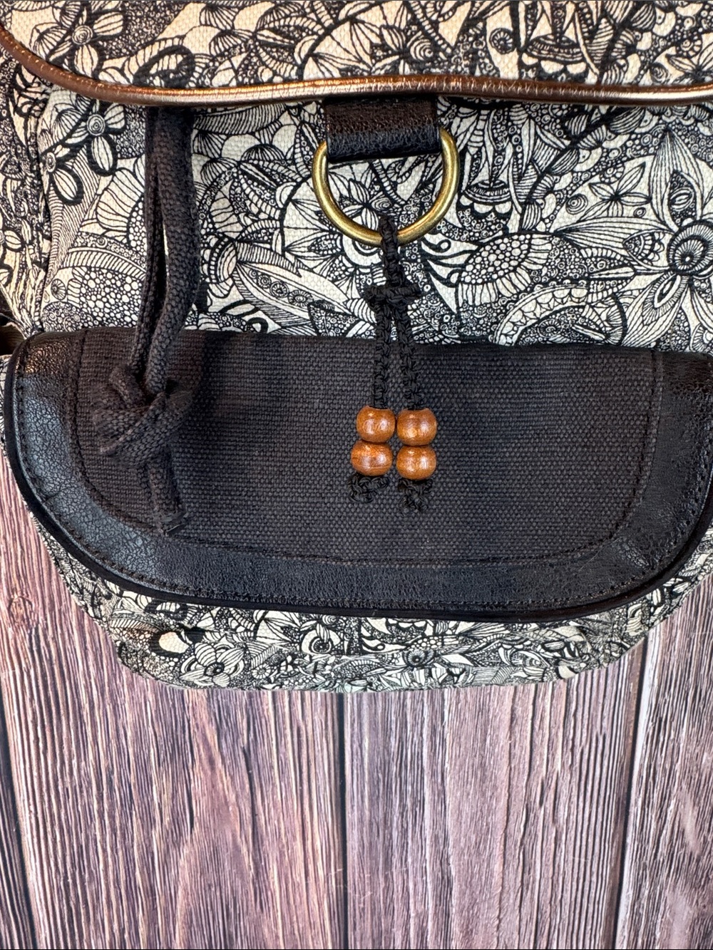 Sakroots Black and Cream Floral Canvas Backpack with Pink Accent Straps - Picture 3 of 14